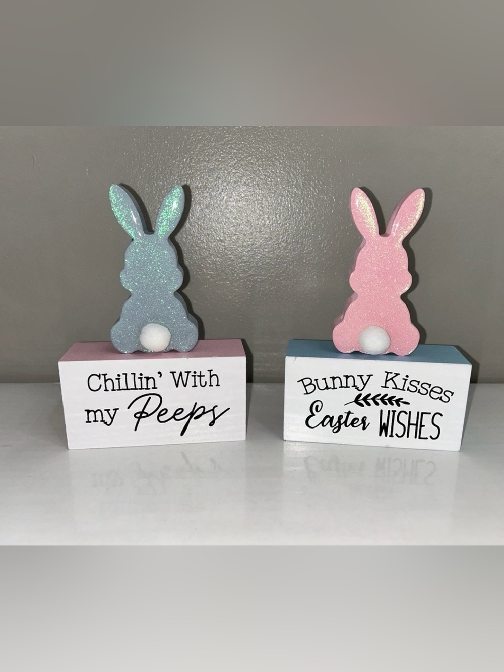 Hobby Lobby Pastel Bunny Shelf Blocks - Pink & Light Blue Glitter